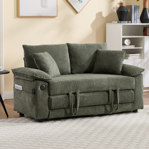 58-Inch Green 3-in-1 Convertible Futon Sofa-Bed, Side Pockets & USB Port