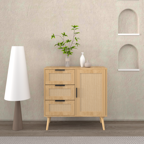 Modern Rattan Wood Dresser 3 Drawer Storage Cabinet with Adjustable Shelf Anti Tip
