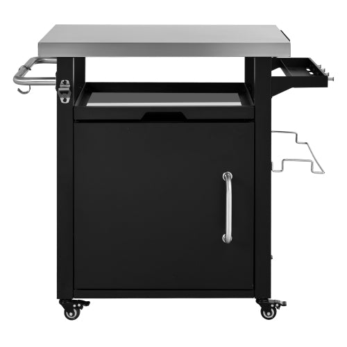 39.5 inch Outdoor Grill Cart with Storage Cabinet, Outdoor Bar Cart Pizza Oven Table with Wheels, Stainless Steel Top, Outdoor Kitchen Island with Spice & Paper Rack for BBQ, Waterproof Cover Included