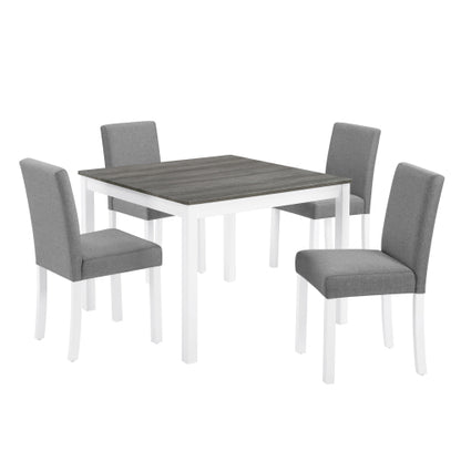 5-Piece Grey & White Two Tone Dining Set, Square Wooden Table with 4 Upholstered Chairs