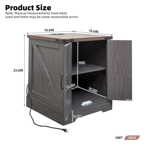 Farmhouse End Table with Charging Station, Rustic Nightstand with Barn Doors and Adjustable Shelf, Walnut Top Grey Cabinet