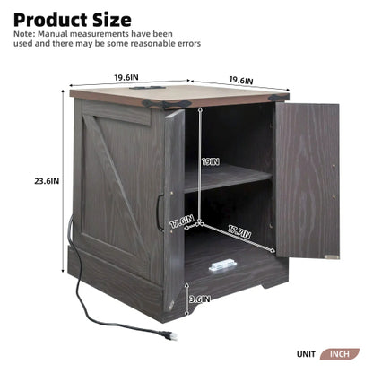 Farmhouse End Table with Charging Station, Rustic Nightstand with Barn Doors and Adjustable Shelf, Walnut Top Grey Cabinet