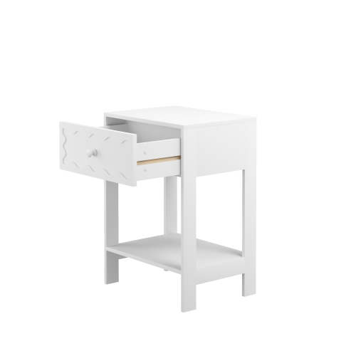White Nightstand with Drawer and Open Shelf, Modern Wave Pattern Bedside Table, Solid Wood Frame End Table for Bedroom, Living Room, Small Spaces