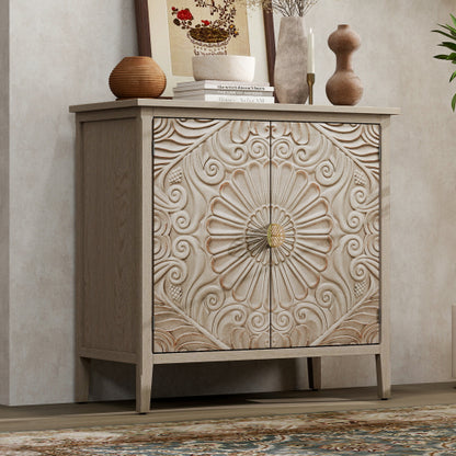 American Style 2-Door Wooden Storage Cabinet Relief Pattern Cabinet With Adjustable Layer Anti-Dumping Design