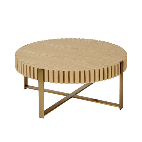 31.5inch  Round Drum Coffee Table MDF Metal Pedestal Base Modern Natural Ash Accent Table
