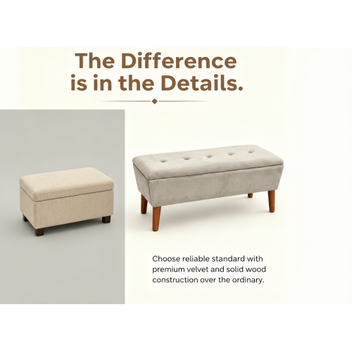 42 Inch Rectangular Linen Ottoman Bench, Solid Wood Tapered Legs, Multi-Use End of Bed & Entryway Shoe Ottoman