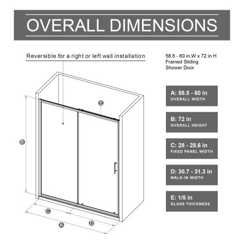 60.in W x 72.in H Single Sliding Shower Door, 1/5 inch Thick Clear Tempered Glass Shower Door with Stainless Steel Handle, Chrome