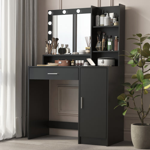 Black Vanity Desk with Mirror & Light, 12 LED Bulbs, Large Drawer, 3 Shelves & 3-Level Cabinets, 3 Lighting Modes