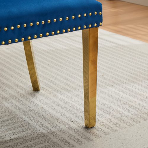 Velvet Double Dining Loveseat Bench, Kitchen & Dining Seating, 2-Seat Tufted Bench w/Handmade Buttons, Wing Back, Gold-Plated Steel Legs, Mid Century Modern,Single Pack,Blue