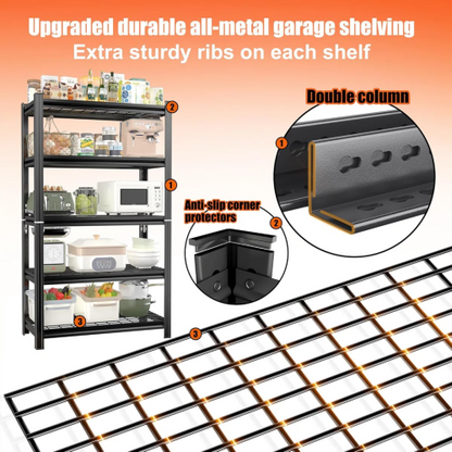 5-Layer Metal Storage Rack, Adjustable Height Storage Rack, 2000 Pound Load, Suitable For Garages, Kitchens, Supermarkets, Storage Rooms, And Gyms. Black, Requires Assembly