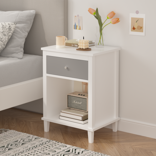 26.77''H Wooden Nightstand with One Drawer One Shelf for Kids, Adults,Gray+Silver handle