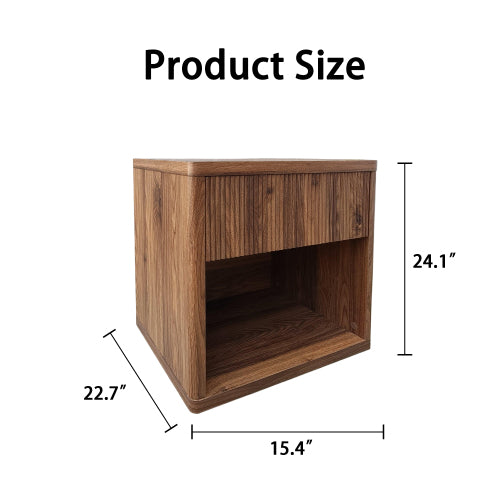 Large Fluted Mid-Century Nightstand, Engineered Wood Bedside Table with Drawer & Open Compartment