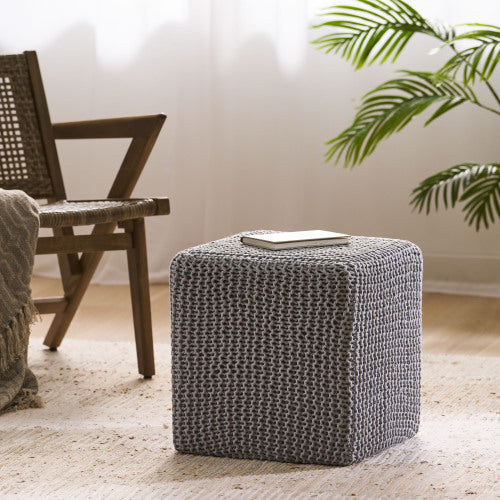 Light Gray Hand-Knitted Cotton Ottoman Foot Stool, Plush Cozy Compact Accent Seat