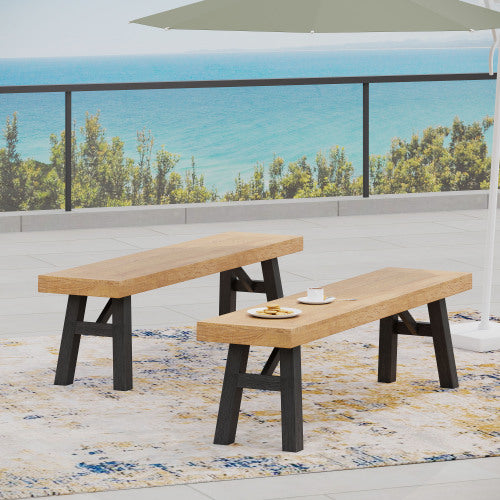 Outdoor Bench with Slat Panel Design and Acacia Wood Frame(Set of 2), Natural and Grey