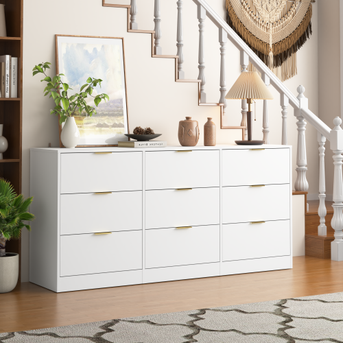White 9 Drawer Dresser, 63" Large Deep Chest of Drawers, Wooden Dresser Storage Cabinet with 9 Drawers for Bedroom, Long Dressers for Living Room, Hallway