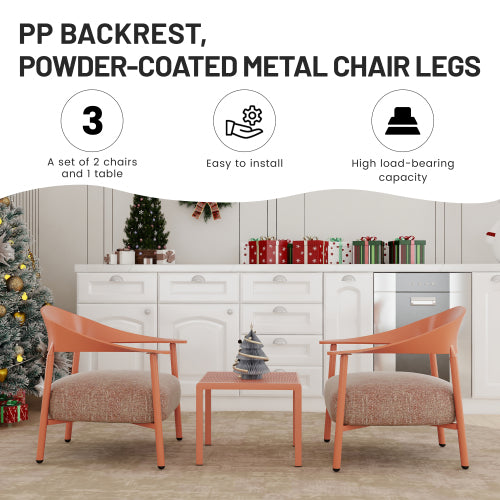 Holiday - Modern 2-Piece Accent Chair Set with Coffee Table – Apricot Brown PP & Steel Frame Sofa Set, Soft Cushioned Seating for Living Room, Lounge, Balcony (2 Chairs + 1 Table)