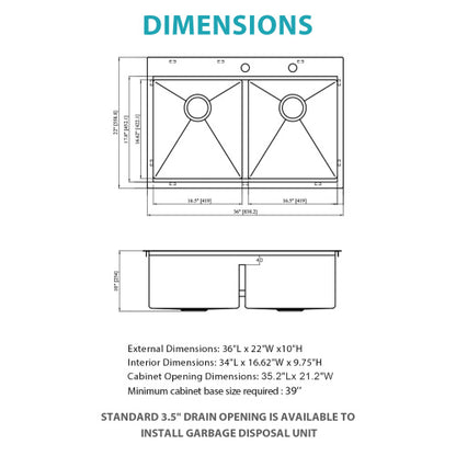 Topmount Drop in Kitchen Sink - 36"x 22" x 10" Double Bowl (50/50) Kitchen Sink 16 Gauge with Two 10" Deep Basin, Brushed Nickel