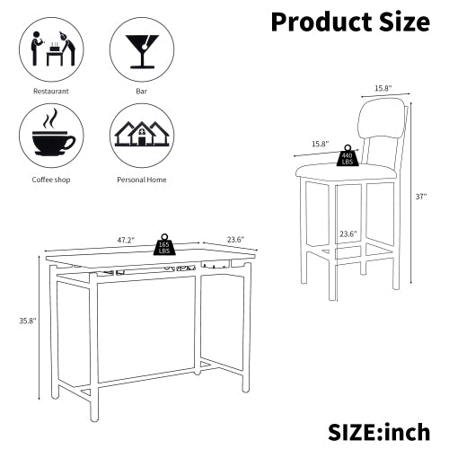 3-Piece Rustic Black Bar Set, Marble Surface Table & 2 Grey PU Chairs
