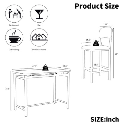 3-Piece Marble Finish Dining Set, Black Table & 2 Grey PU Upholstered Chairs
