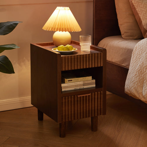 Walnut Fluted Nightstands Set of 2 with Drawer and Open Storage