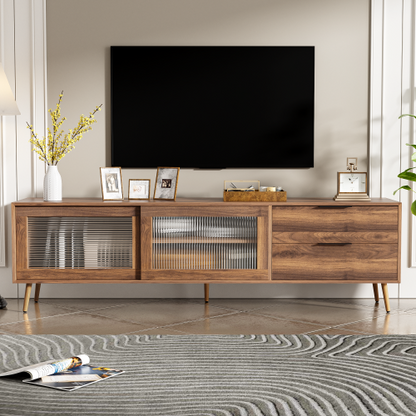 70.8 Inch Walnut Mid-Century TV Stand Tempered Glass Sliding Door Media Console for 75 inch+ TV