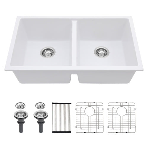 Quartz Kitchen Sink - 33" x 19" x 10.33" White granite composite undermount kitchen sink Double Bowl(50/50)