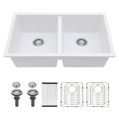 Quartz Kitchen Sink - 33" x 19" x 10.33" White granite composite undermount kitchen sink Double Bowl(50/50)
