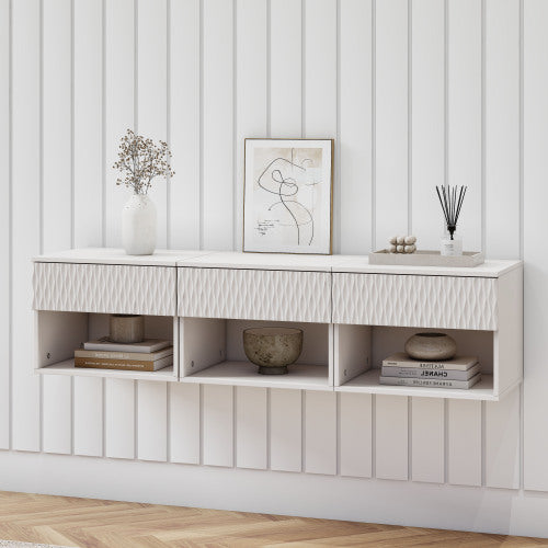 set of 2 nightstand with Modern Wall-Mounted Drawer Cabinet: Open Shelf, 3-Stage Rails, Carved Design, Anti-Wobble, DIY, for Bedroom/Living Room/Office