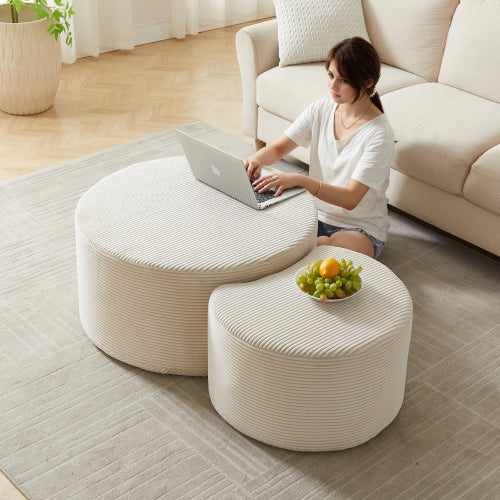 Nesting Coffee Table Set of 2 Upholstered Round Foam Ottoman Side Tables No Assembly