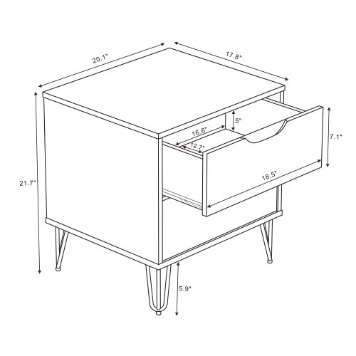 White Modern Nightstand, 2 Drawers & Metal Legs