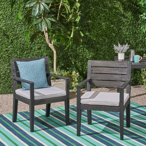Outdoor Dining Chair Set of 2, Dark Grey With Light Grey Cushion