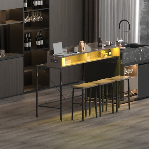 4-Piece 59inch  Bar Table Set with LED & Outlet, MDF Table & 3 Saddle Stools