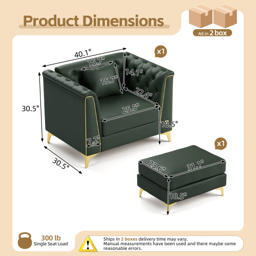 40.1 inch  Green Faux Leather Chesterfield Sofa ¨C 1-Seater with Ottoman