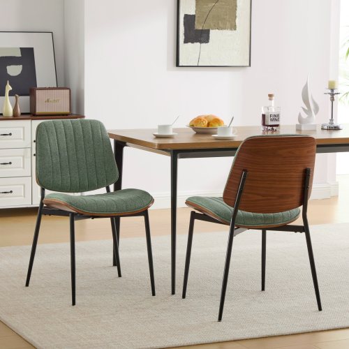 Mid-Century Modern Linen Dining Chairs Set of 2, Olive Green Upholstered Chair with Walnut Bentwood Back