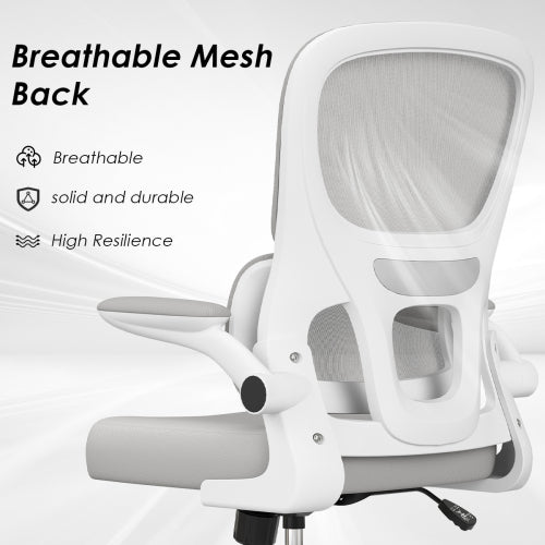 Office Chair, Mesh Ergonomic Office Chair with Lumbar Support, Comfy Computer Desk Chair with Flip Armrest Rolling Wheels for Home Study Room Office, White & Gray