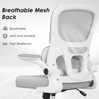 Office Chair, Mesh Ergonomic Office Chair with Lumbar Support, Comfy Computer Desk Chair with Flip Armrest Rolling Wheels for Home Study Room Office, White & Gray