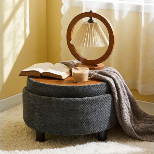 25 Inch Round Storage Ottoman, Dark Grey Tufted Fabric