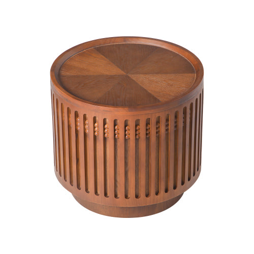 18.9inch  Round Wooden Side Table Walnut Lattice Storage End Table Boho Accent Table