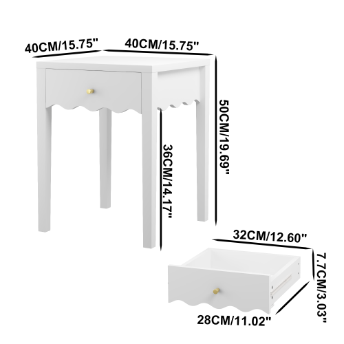 White Nightstand with Drawer, Modern Bedside Table with Wavy Apron Design, Compact End Table for Bedroom Living Room, Small Side Table with Storage