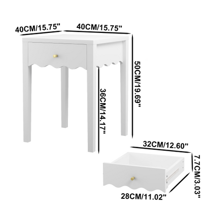 White Nightstand with Drawer, Modern Bedside Table with Wavy Apron Design, Compact End Table for Bedroom Living Room, Small Side Table with Storage
