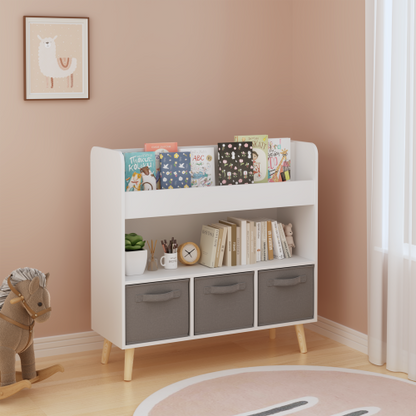 White Gray Kids Bookshelf With 3 Removable Fabric Bins Toy Book Organizer