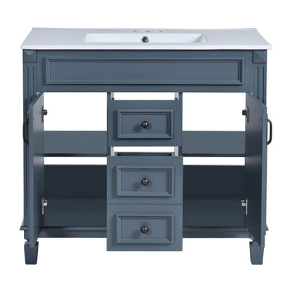 36'' Bathroom Vanity with Top Sink, Royal Blue Mirror Cabinet, Modern Bathroom Storage Cabinet with 2 Soft Closing Doors and 2 Drawers, Single Sink Bathroom Vanity