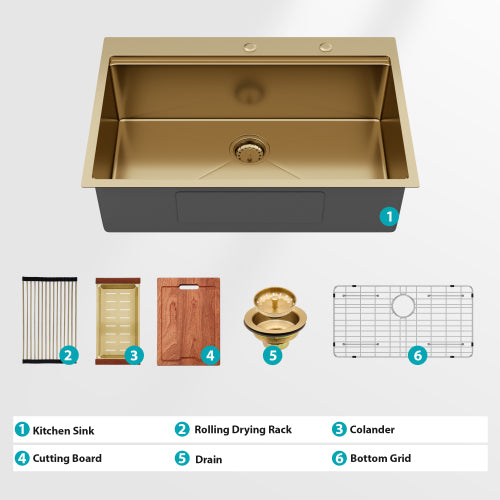 33" Drop in Gold Kitchen Sink - 33 x 22 x 10 inch Kitchen Sink Drop-in Topmount Single Bowl 16 Gauge Stainless Steel Ledge Workstation Kitchen Sinks