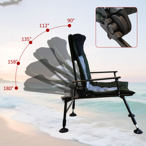 Camping Lounge Chair, Portable Folding Reclining Camping Chair with Adjustable backrest for Indoor and Outdoor Camping Beach Hiking Fishing, Green+black+grey