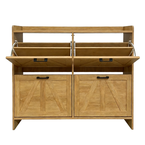 Light Oak Rustic Barn-Door Shoe Cabinet with 4 Flip Drawers, Sleek Space-Saving Entryway Organizer for Living Room