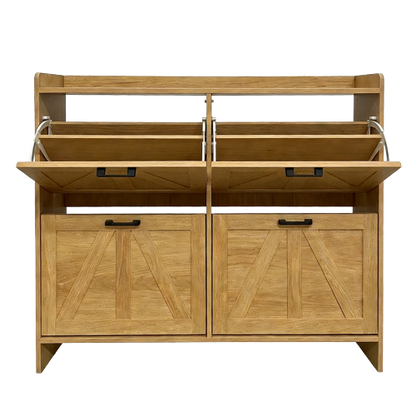 Light Oak Rustic Barn-Door Shoe Cabinet with 4 Flip Drawers, Sleek Space-Saving Entryway Organizer for Living Room