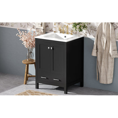 24-inch bathroom vanity with integrated undermount basin and a storage cabinet featuring 2 doors and 1 drawer. Includes double-layer door shelf, soft-close design, and versatile storage solutions