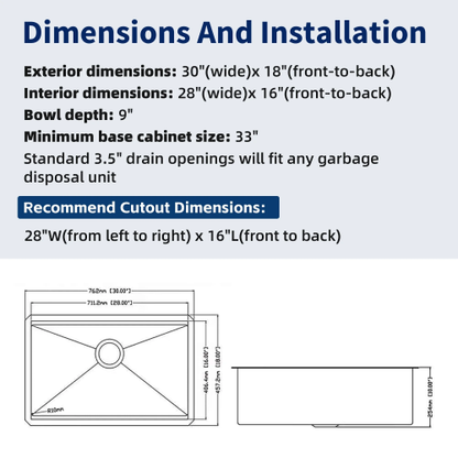 30 Undermount Workstation Sink-30 x 18 Inch Undermount Stainless Steel Kitchen Sink 18 Gauge, Handmade R10 Radius 10 Inch Deep Undermount Single Bowl Sink with Accessories