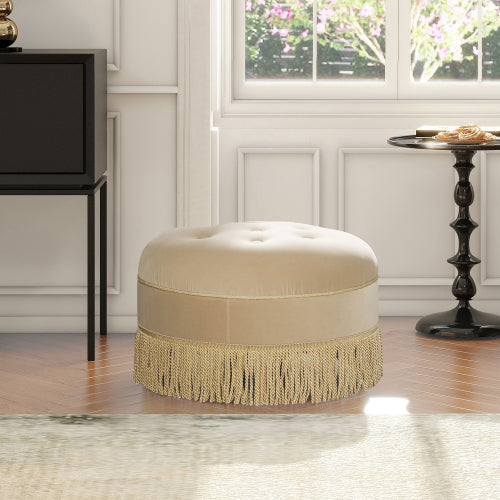 24 inch Round Upholstered Accent Ottoman, Fawn Brown Performance Velvet Decorative Stool
