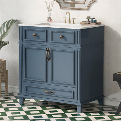 30'' Bathroom Vanity with Ceramic Sink,Solid Wood Frame Bathroom Storage Cabinet with Soft Closing Doors,Retro Style, Blue